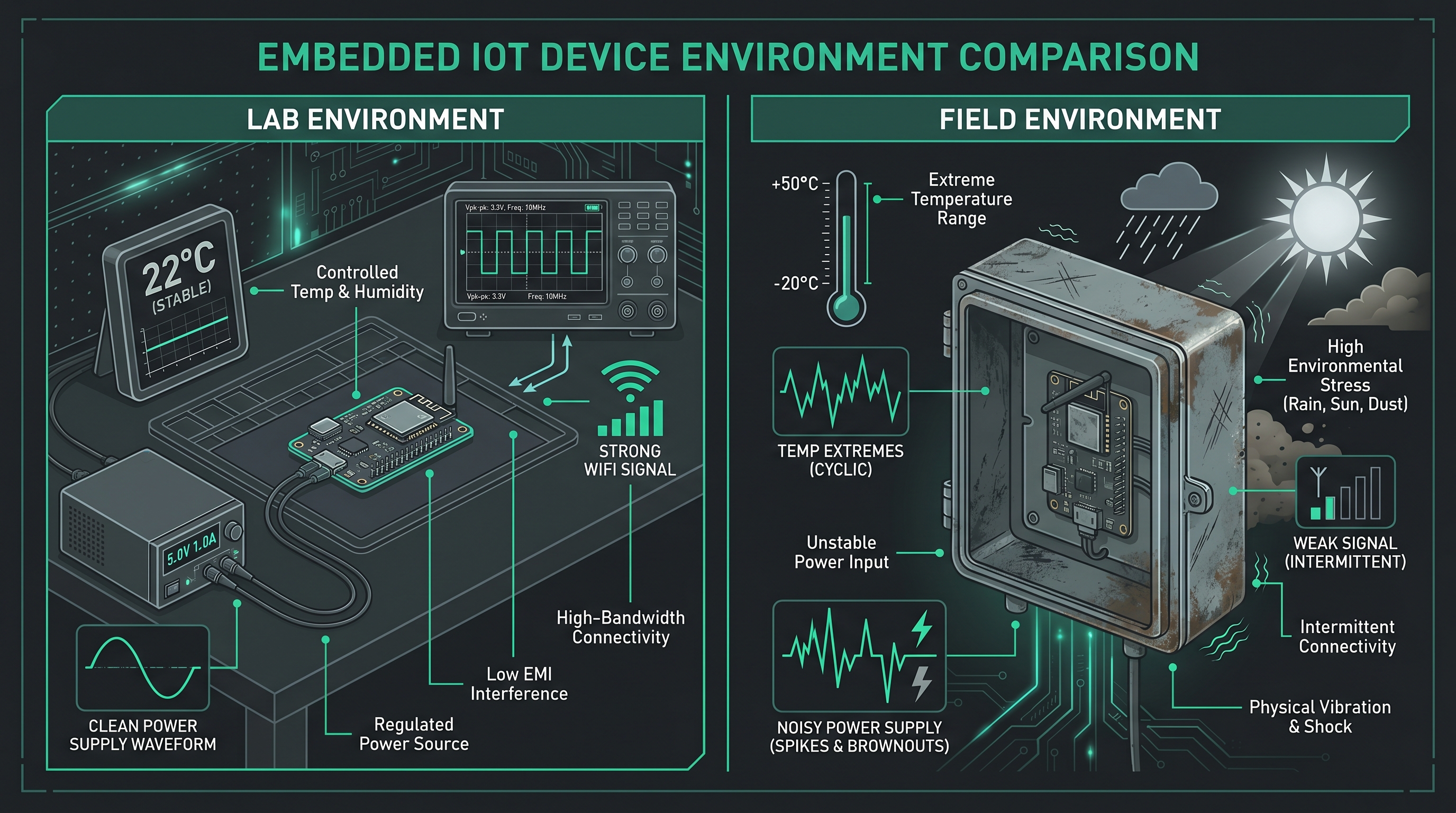 Split-screen comparison of a controlled lab environment versus harsh field deployment conditions for an embedded IoT device