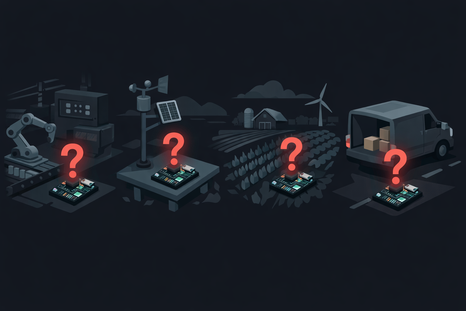 IoT devices scattered across varied field environments — factory floor, outdoor sensors, vehicles — illustrating the scale and inaccessibility of embedded debugging